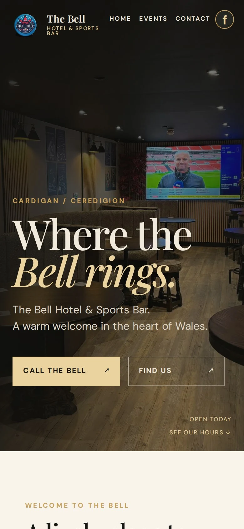 The Bell Hotel beta website on a phone: the venue photograph behind a large headline and two buttons