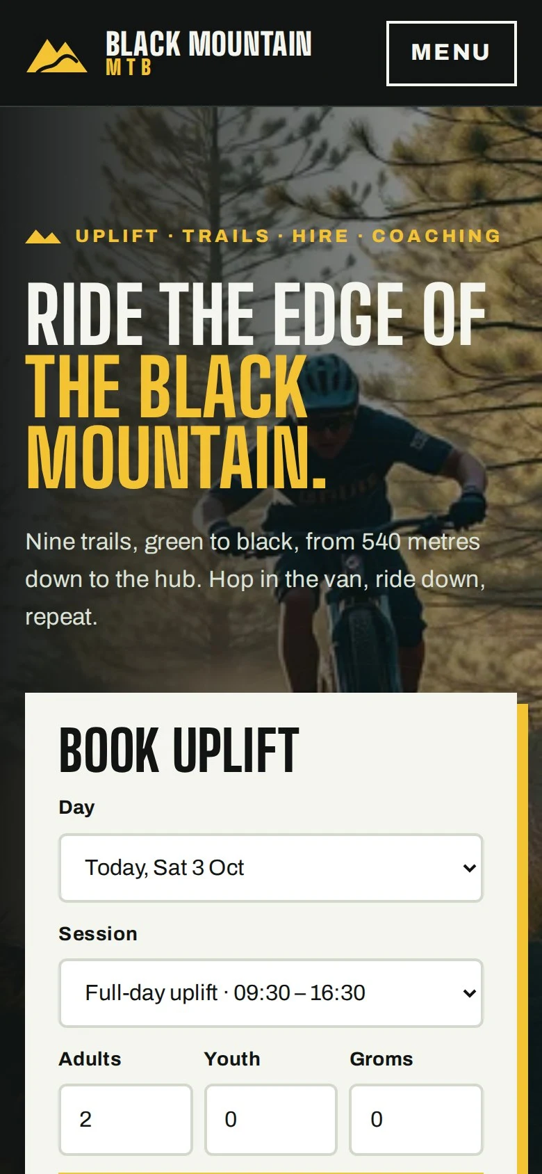 The Black Mountain MTB concept on a phone, with the condensed headline over a rider and the uplift booking panel