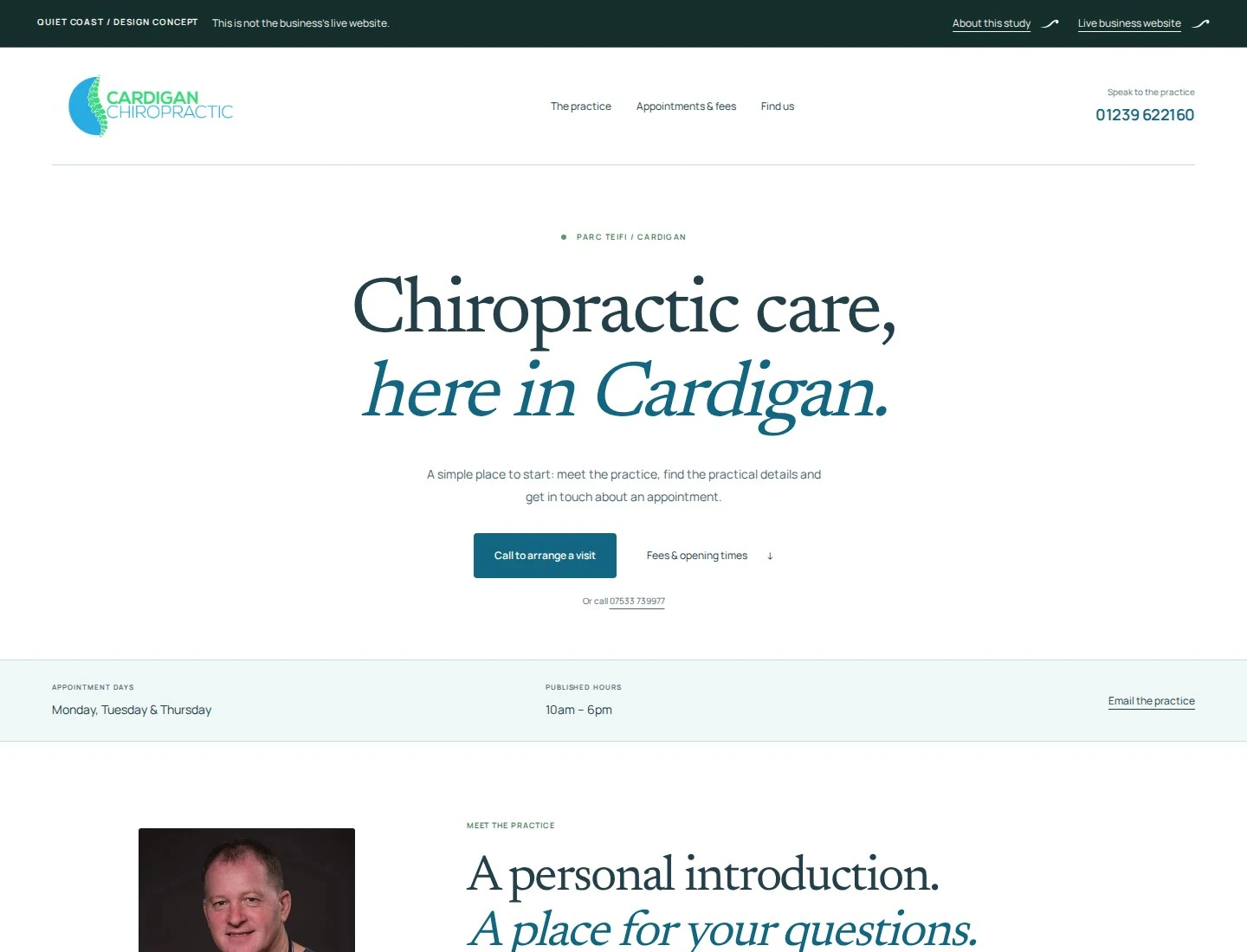 Rendered Quiet Coast homepage concept for cardigan chiropractic — a design study, not the live business website