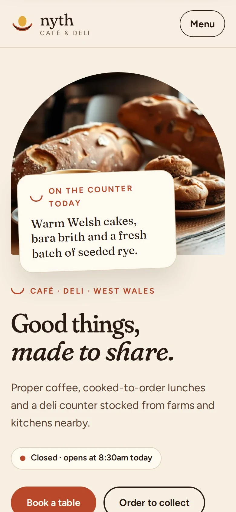 The Nyth Café & Deli concept on a phone, with an arched photograph of bread and the headline